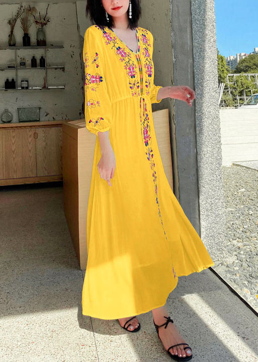Yellow Embroidered Tie Waist Cotton Vacation Dresses Bracelet Sleeve