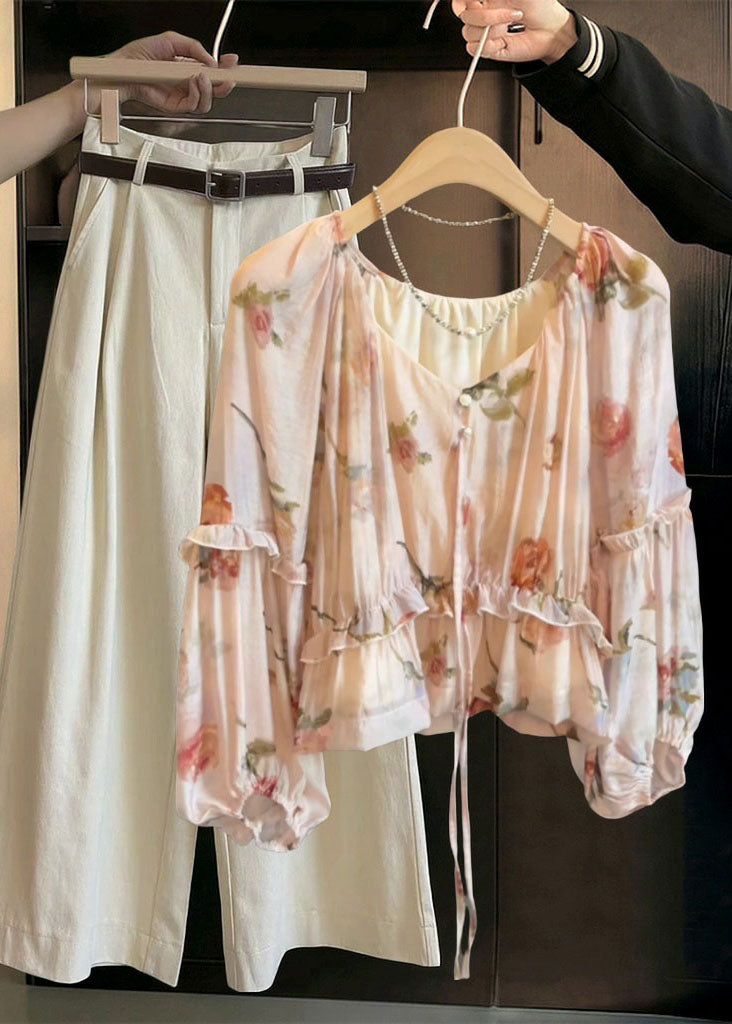 V Neck Tie Lace Print Ruffled Shirts Fall