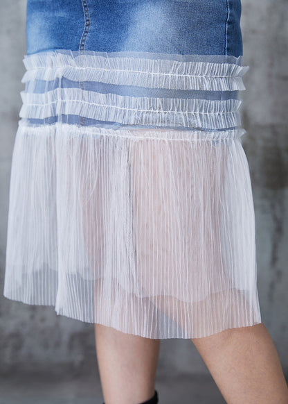 Denim Blue Ruffled Patchwork Tulle Skirt Summer