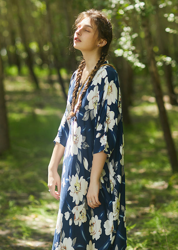 Blue V Neck Cotton Robe Dress Summer