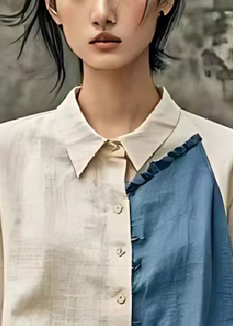 Apricot Oversized Patchwork Linen Blouse Tops Bracelet Sleeve