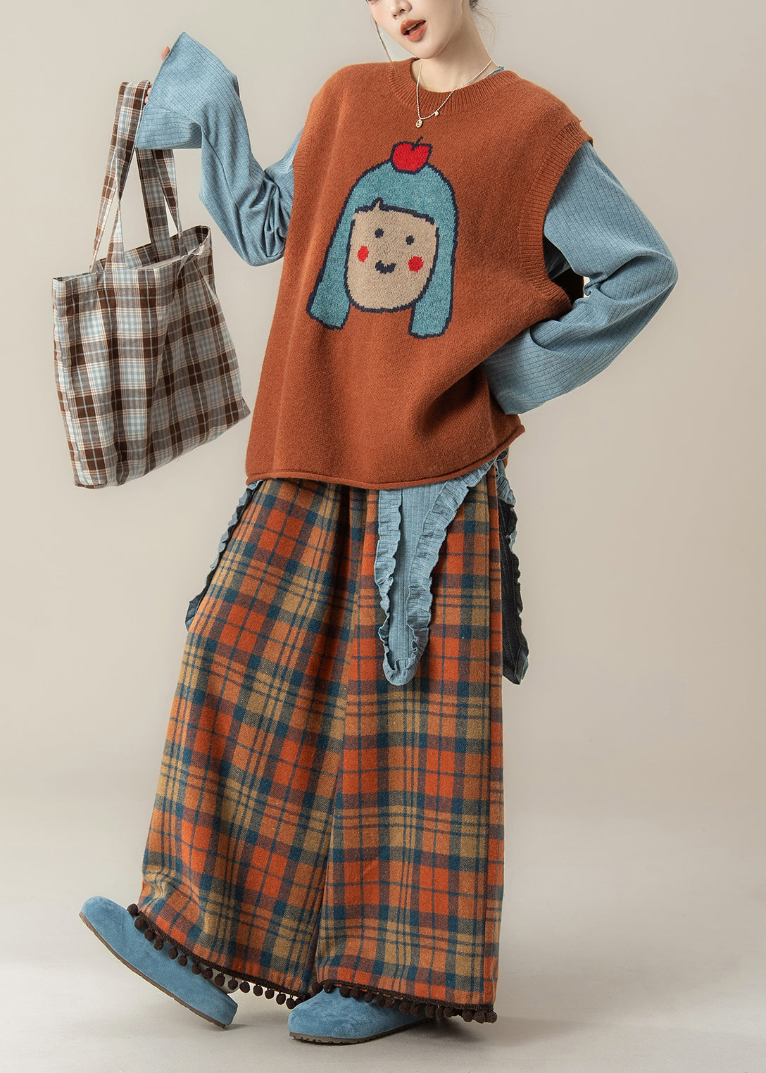 Japanese Style Orange O-neck Cartoon Knitted Vest and T Shirt Pants Set Spring