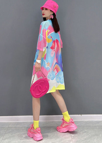Pink O-neck Horse Print Oversized Vacation Dress Short Sleeve