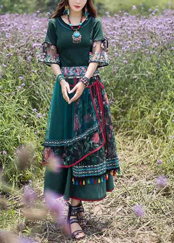 Green O-neck Top and Skirts Tulle Two Piece Set Summer