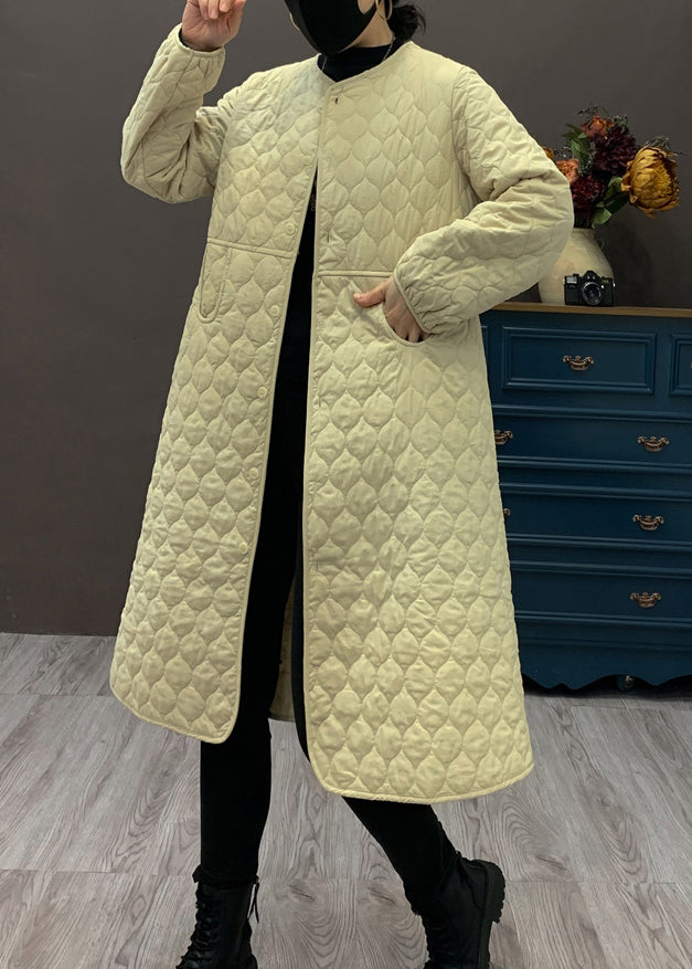 Beige O Neck Pockets Fine Cotton Filled Coat Winter