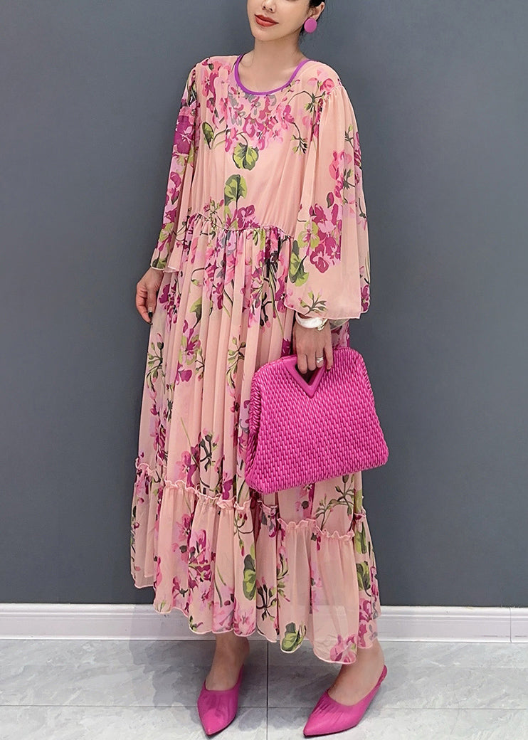 Pink Ruffled Print Tie Waist Chiffon Dress Flare Sleeve
