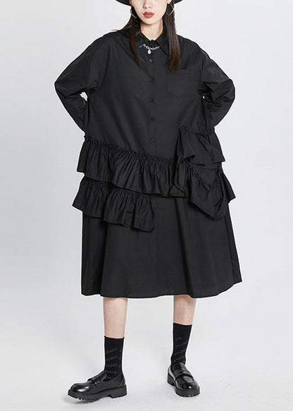 Black Peter Pan Collar Ruffles Patchwork Shirt Dress Long Sleeve