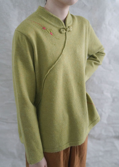 Style Yellow Retro Embroideried Fall Knit Tops
