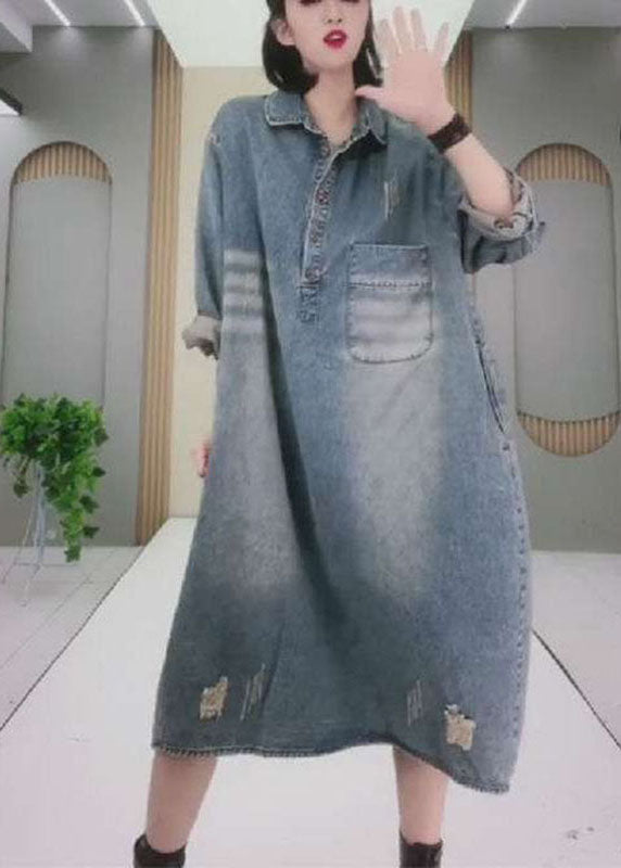 Natural Blue Peterpan Collar Button Pockets Hole Fall Long Sleeve Denim Party Dress