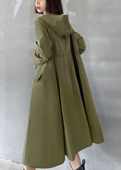 Army Green Pockets Patchwork Button Zippered Fall Tie Waist Hooded Coat Long Sleeve