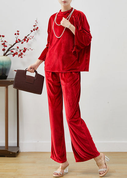 Red Side Open Silk Velvet Two Piece Set Clothing Fall