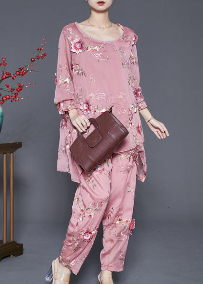 Simple Pink Asymmetrical Design Embroidered Silk Two Pieces Set Spring