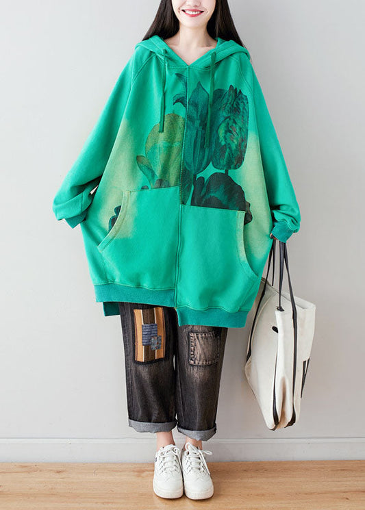 Green Hooded Drawstring Pockets Asymmetrical Design Print Sweatshirt Dresses Spring