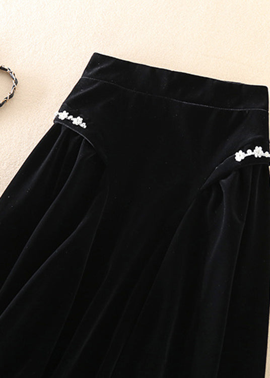 Art Black Zip Up Silk Velour a Line Skirts Spring