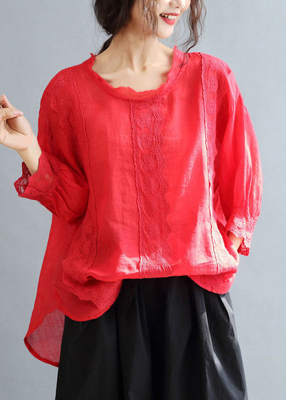 Red Patchwork Lace Linen Loose Tops O-neck Bracelet Sleeve