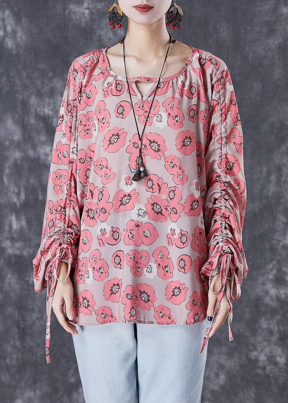 Red Cinched Print Shirt Top Fall