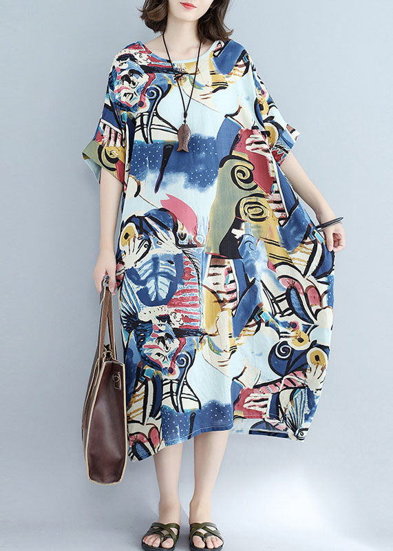 French Blue Tie Dye Print O-neck Pocket Cotton Holiday Dress Short Sleeve