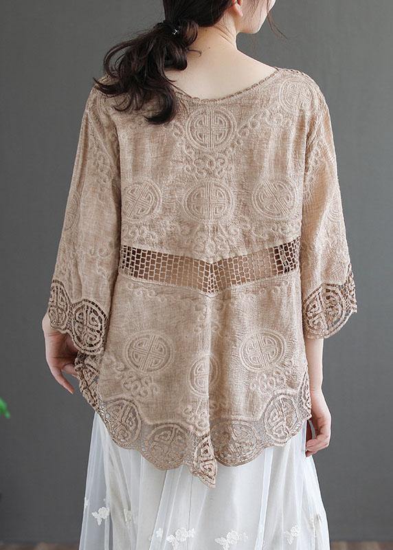 Stylish Khaki O-neck Embroideried Summer Asymmetrical Design Top