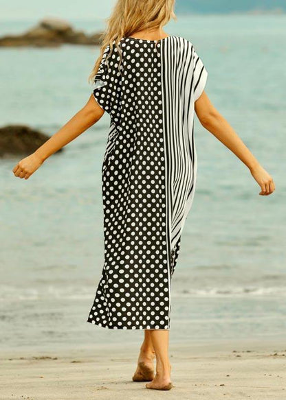Style White Dot V Neck Cotton Loose Beach Gown Mid Dress