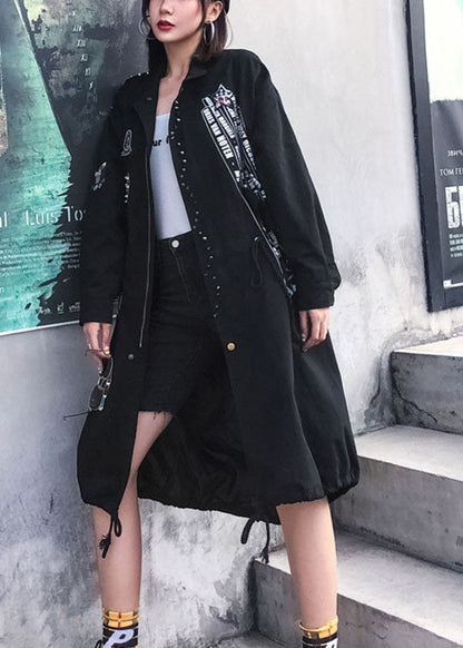 Modern Black Peter Pan Collar Zippered Fall Denim Long Sleeve Trench Coats
