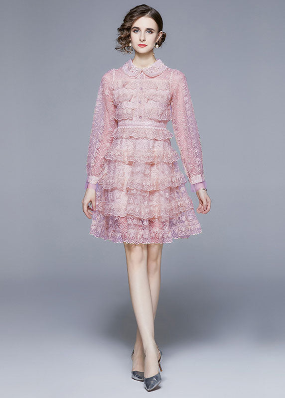 Pink Peter Pan Collar Ruffles Patchwork Mid Dress Long Sleeve