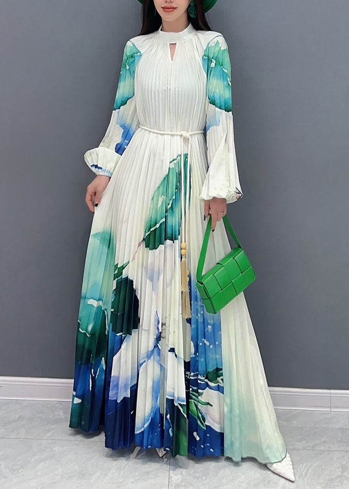 Green Turtleneck Print Tie Waist Long Dresses Long Sleeve