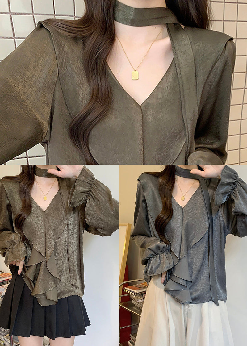 Tea Green V Neck Ruffles Chiffon Tops Fall