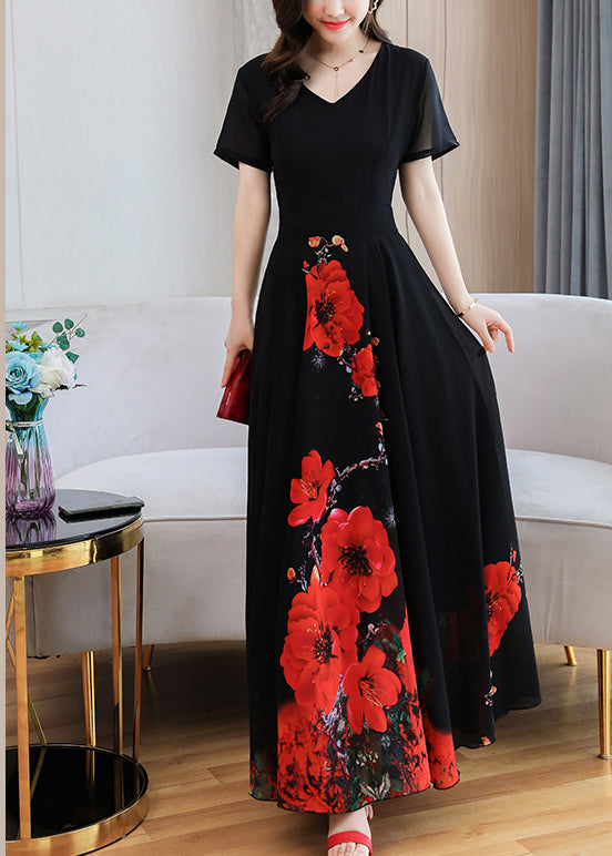 Black Print Chiffon Maxi Holiday Dress Summer
