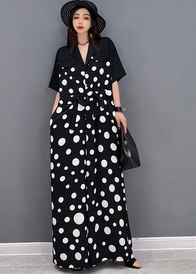 Black Peter Pan Collar Dot Print Draping Chiffon Jumpsuits Short Sleeve