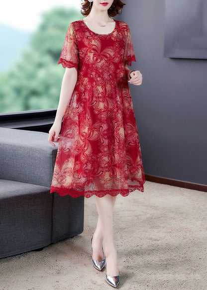 Red O Neck Print Lace Tulle Dress Summer