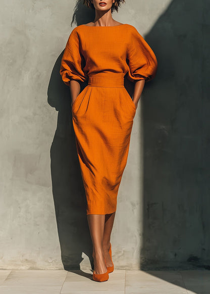 New Orange Pockets Puff Sleeve Cotton Long Dresses Spring