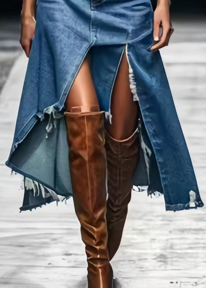 Blue Asymmetrical Side Open Denim Skirts Summer