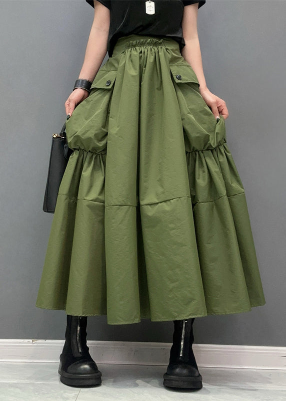 Green Pockets Patchwork Elastic Waist Maxi Skirts Summer
