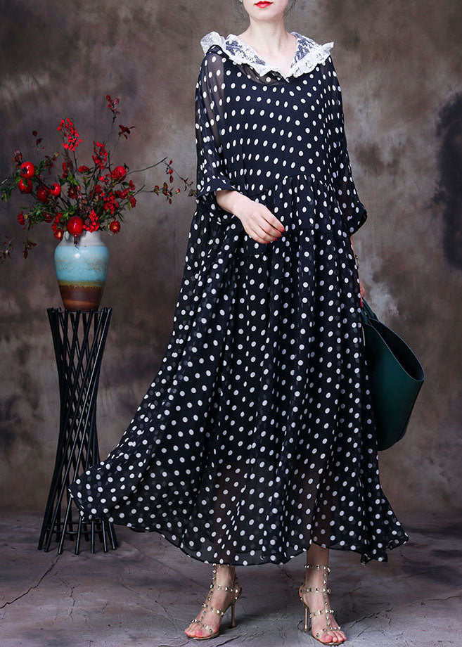 Simple Black Hooded Patchwork Lace Dot Print Silk Long Dress Two Piece Set Clothing Summer