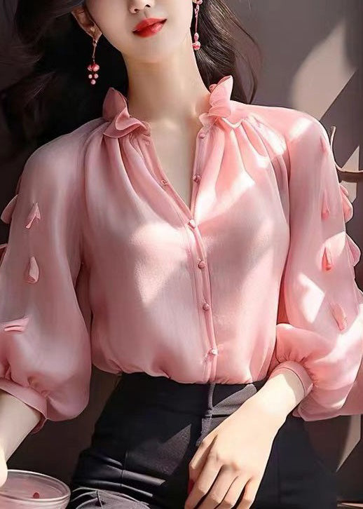 Pink Ruffled Button Chiffon Shirt Bracelet Sleeve