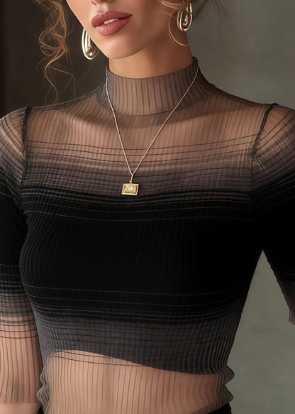Gradient Black Stand Collar Tulle Tank Half Sleeve