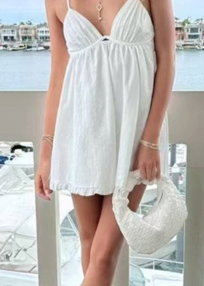 White Patchwork Spaghetti Strap Mid Dress Sleeveless