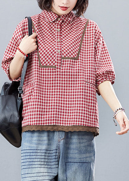 Red Button Peter Pan Collar Shirt Tops Half Sleeve
