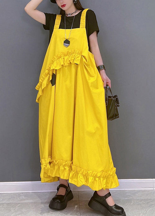 Yellow Slash Neck Dot Print Spaghetti Strap Dress Sleeveless
