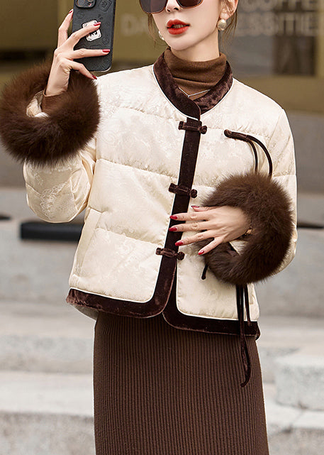 Milk White Patchwork Duck Down Jacket in Winter Tasseled Winter
