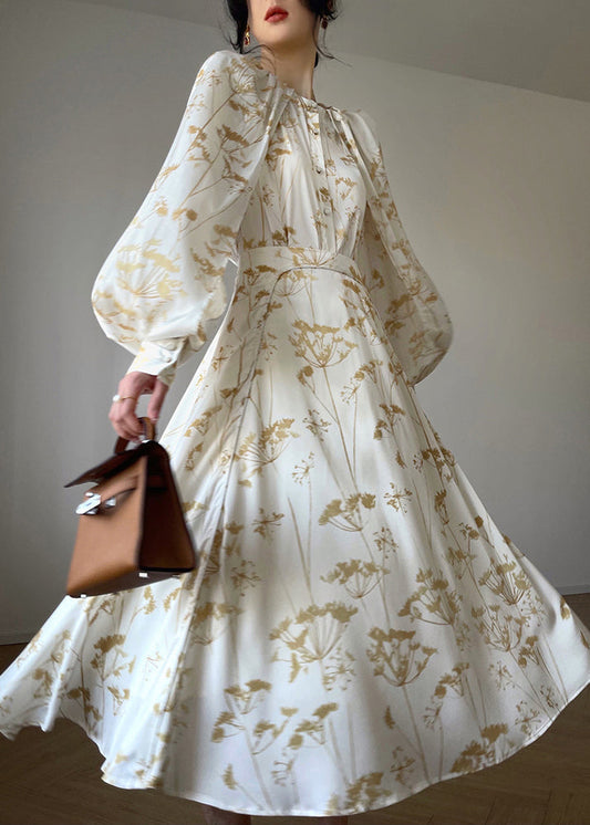 Classy White O-neck Print Silk Top and Skirts Two Pieces Set Fall