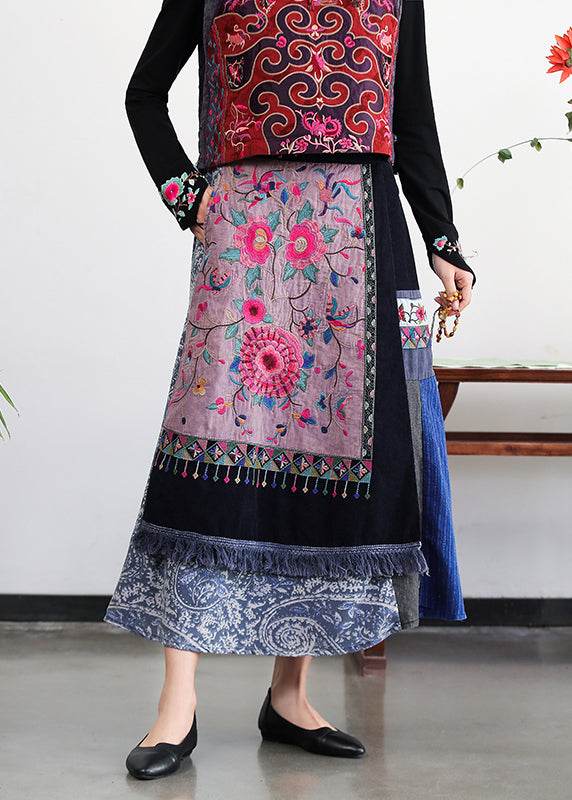 Retro Embroideried Pockets Elastic Waist Cotton a Line Skirt Fall