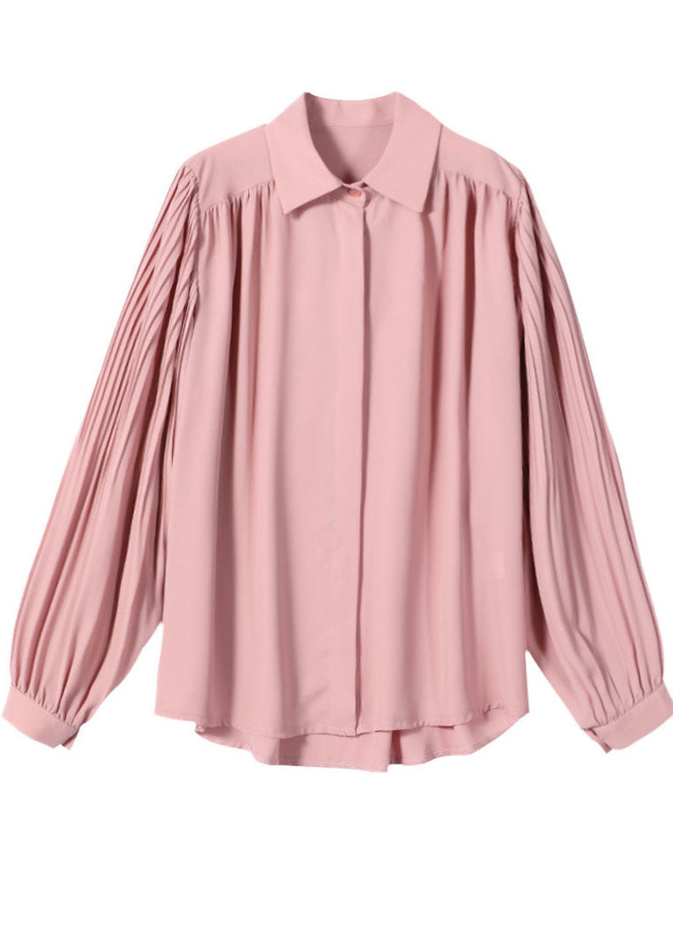 Pink Cinched Peter Pan Collar Chiffon Shirt Tops Spring
