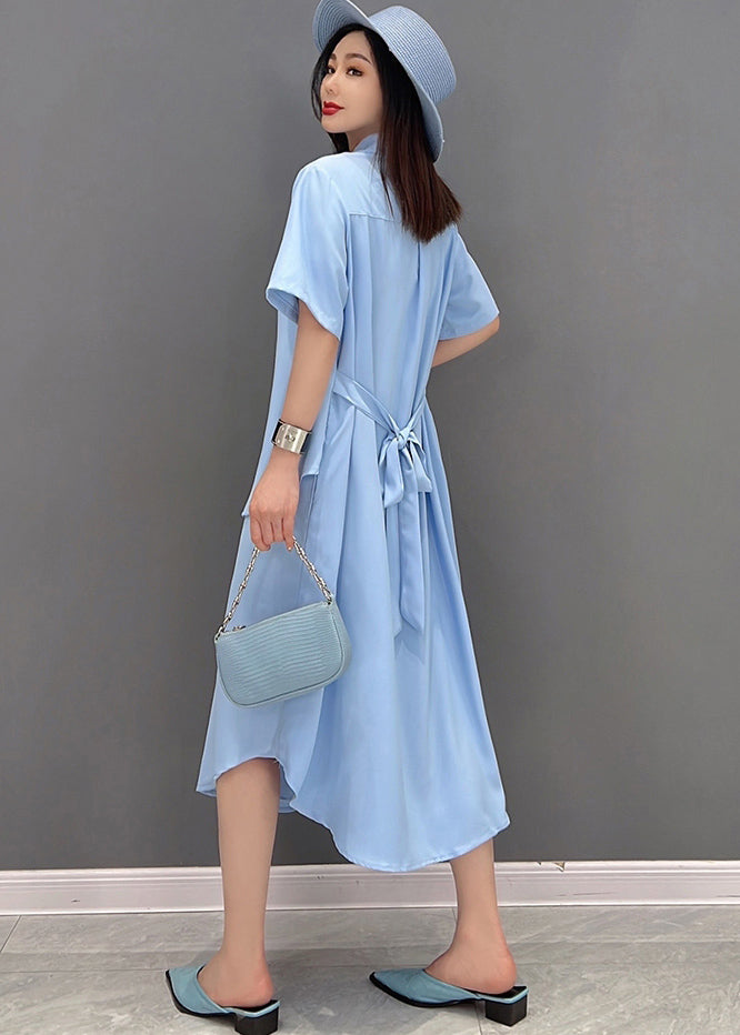 Stylish Blue Peter Pan Collar Patchwork Chiffon Fake Two Piece Shirt Dresses Short Sleeve