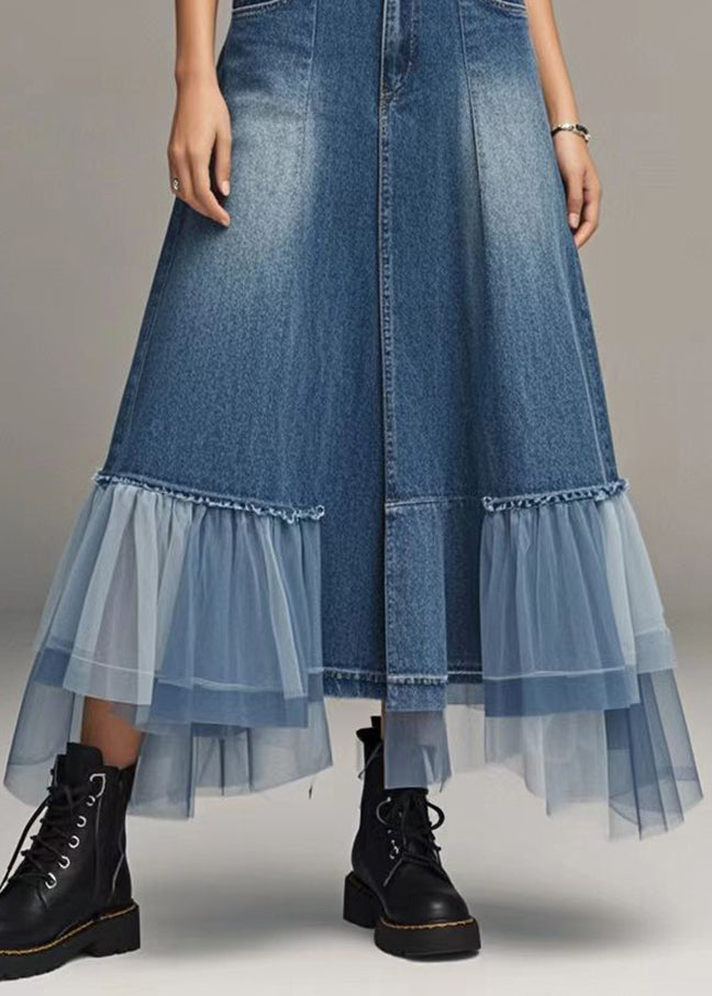 Stylish Blue High Waist Patchwork Tulle Denim a Line Skirts Spring