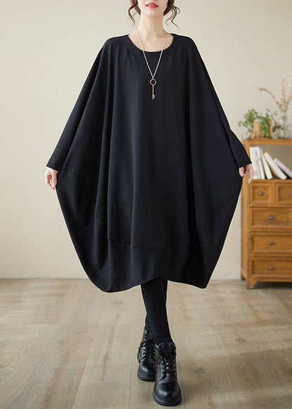 French Black O-neck Low High Design Cotton Dress Fall