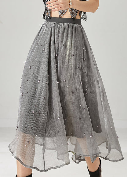 Classy Grey Nail Bead Tulle a Line Skirt Spring