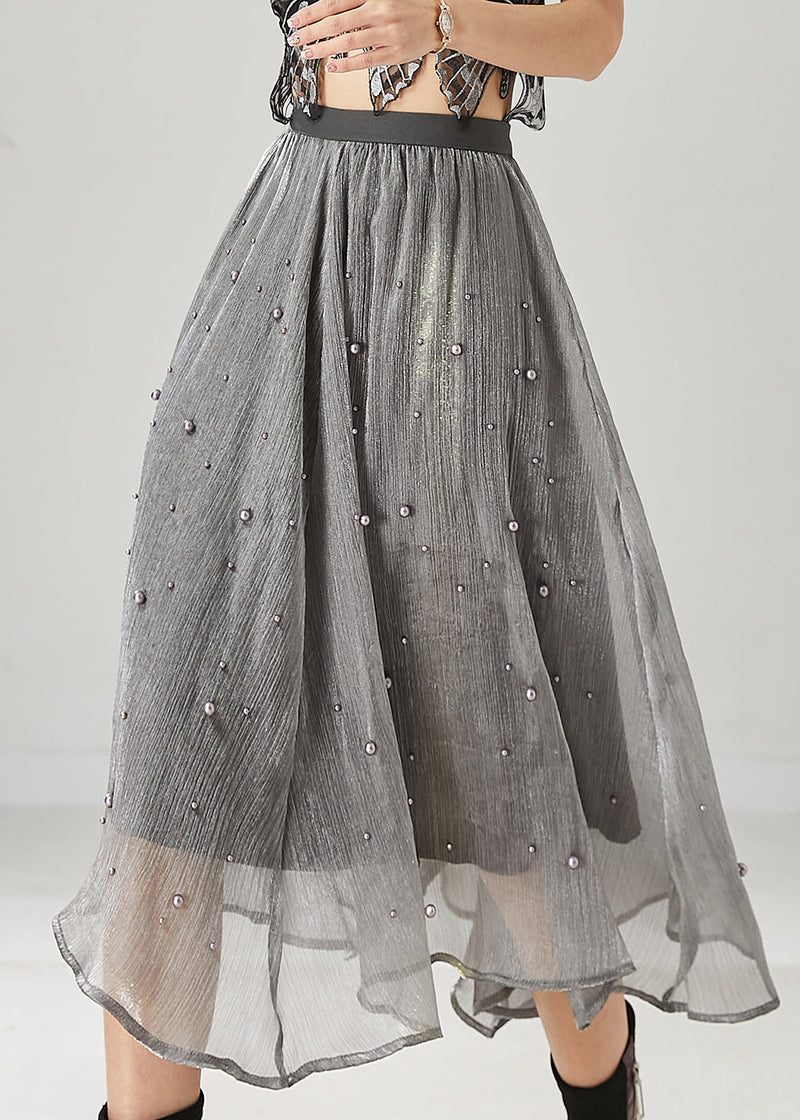 Classy Grey Nail Bead Tulle a Line Skirt Spring