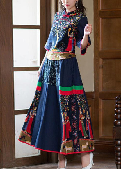 Navy Stand Collar Tops and Skirts Cotton Two Pieces Set Spring