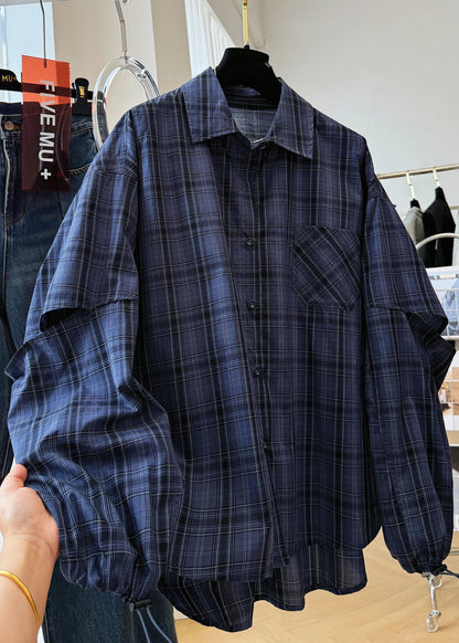 Navy Peter Pan Collar Plaid Drawstring Cotton Shirt Top Fall